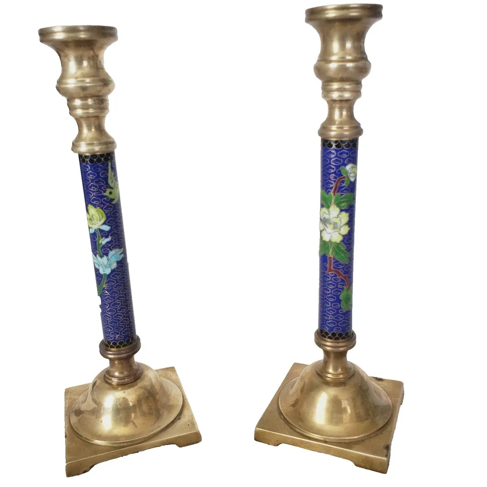 Vintage Pier 1 Brass 10” Pair X 2 Candlestick Cloisonne Enamel Floral Inlay Rare